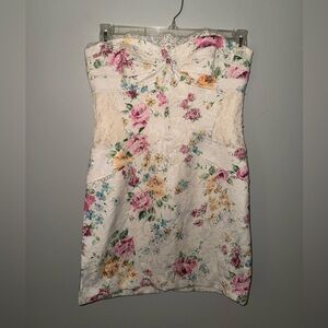 David Meister Floral Cocktail Dress 6 strapless white lace and pink